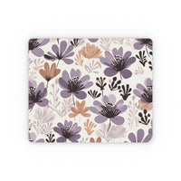 Printify floral rectangular mouse pad with purple and beige flowers on white background