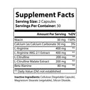 Supplement facts label showing ingredients for non-GMO L-arginine capsules with vitamins and extracts