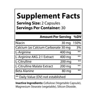 Supplement facts label showing ingredients for non-GMO L-arginine capsules with vitamins and extracts