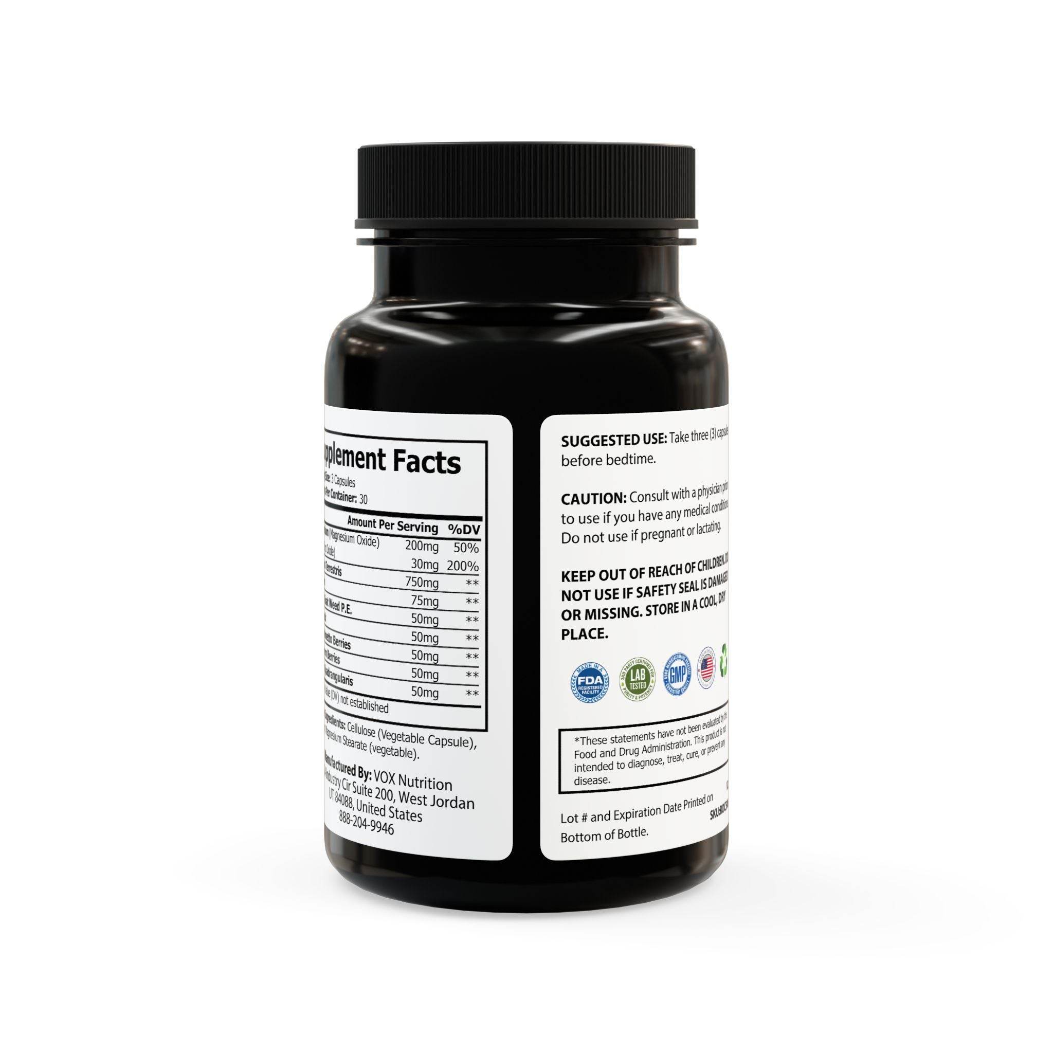 Black bottle of vegan magnesium zinc supplement by Printify showing supplement facts and usage instructions