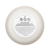 Bottom view of Printify frosted glass eco candle showing safety and usage instructions label