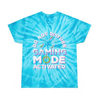Printify blue tie-dye eco friendly gaming t shirt with Do Not Disturb Gaming Mode Activated text