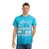 Printify eco friendly gaming t shirt with blue tie-dye and gaming mode activated graphic