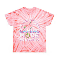 Printify eco friendly gaming t shirt with pink tie-dye and gaming mode activated graphic