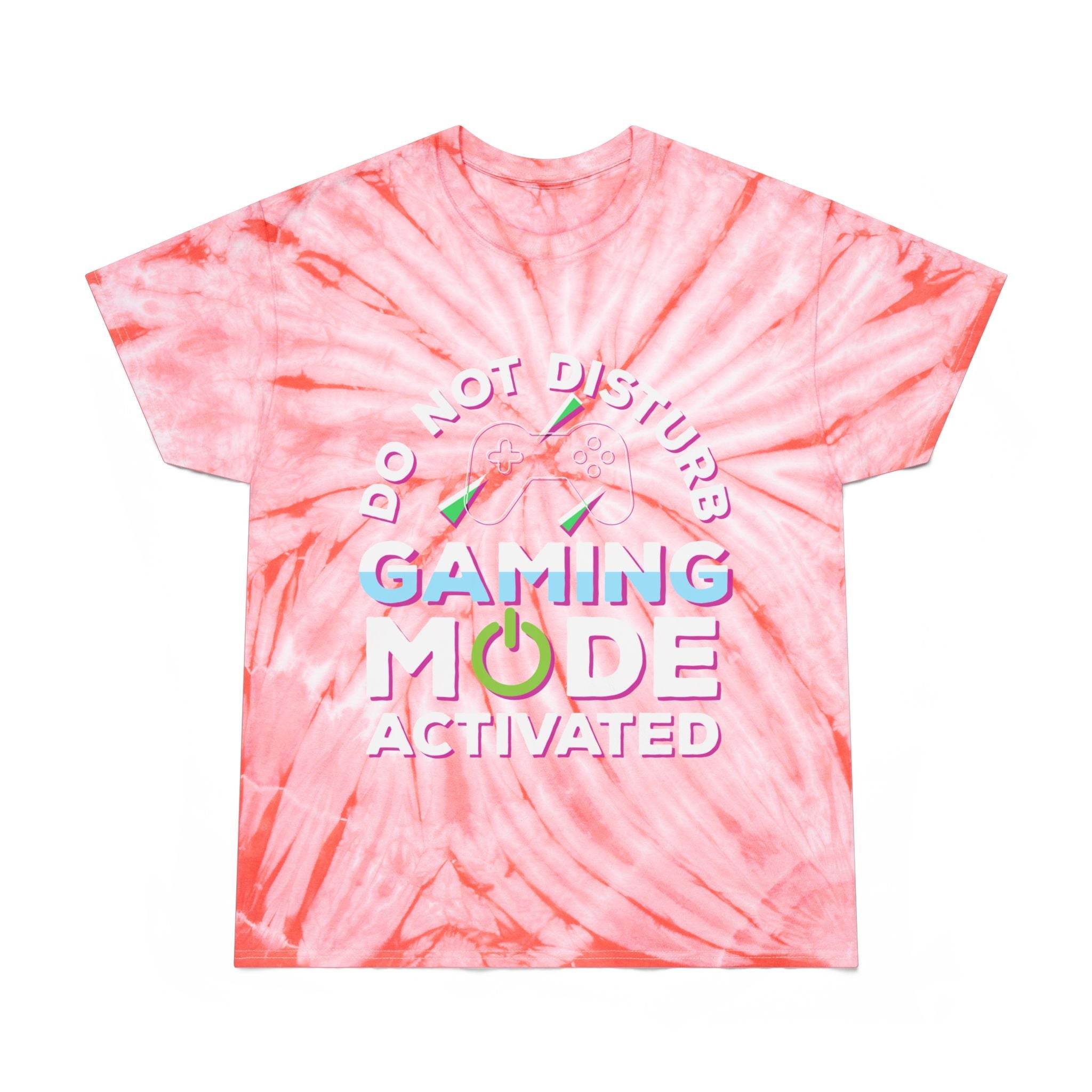 Printify eco friendly gaming t shirt with pink tie-dye and gaming mode activated graphic
