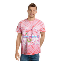 Printify eco friendly gaming t shirt with pink tie dye and gaming mode activated text