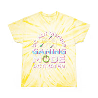 Printify yellow tie-dye eco friendly gaming t shirt with Do Not Disturb Gaming Mode Activated text