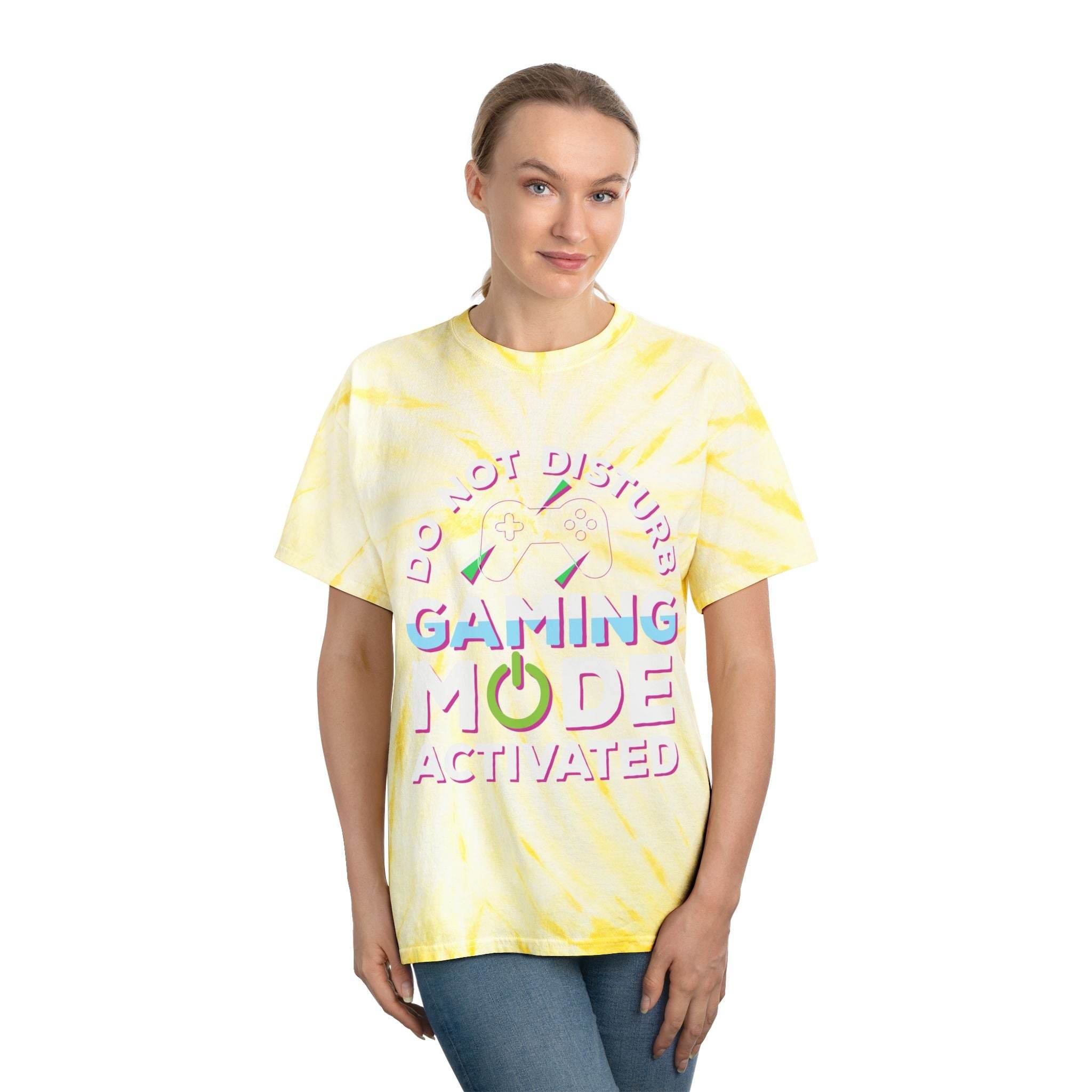 Printify eco friendly gaming t shirt with yellow tie-dye and gaming mode activated design