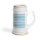 Printify ceramic stein mug with blue striped design and gold rim accents