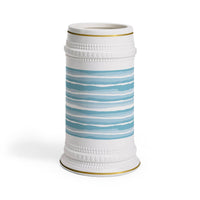 Printify ceramic stein mug with blue and white striped design and gold trim accents