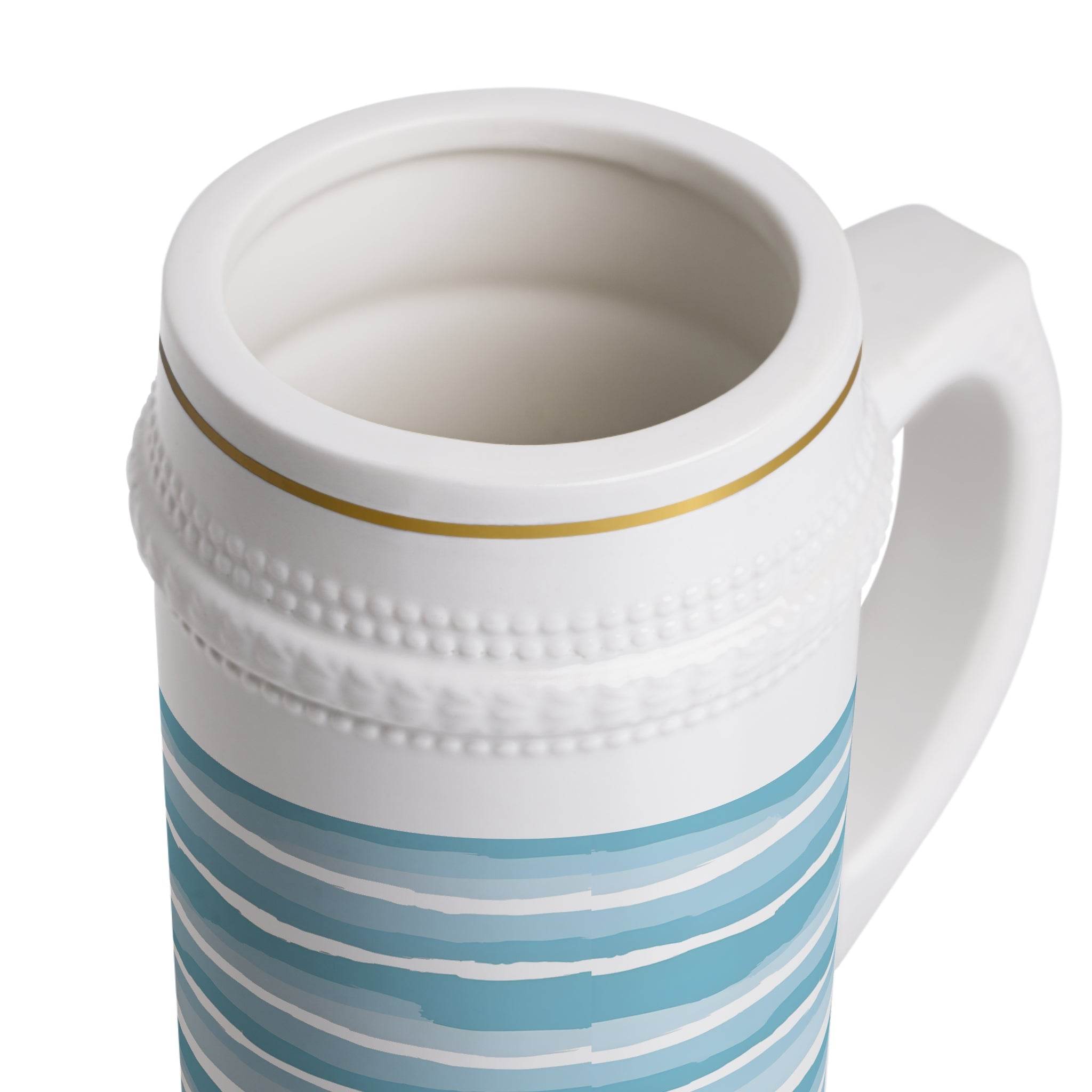Printify ceramic stein mug with blue striped pattern and gold accent near the rim