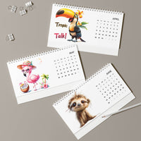 Printify eco-friendly desk calendar 2025 with colorful animal illustrations including toucan, flamingo, and sloth