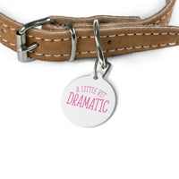 Leather pet collar with eco-friendly pet tags that say A Little Bit Dramatic in pink text