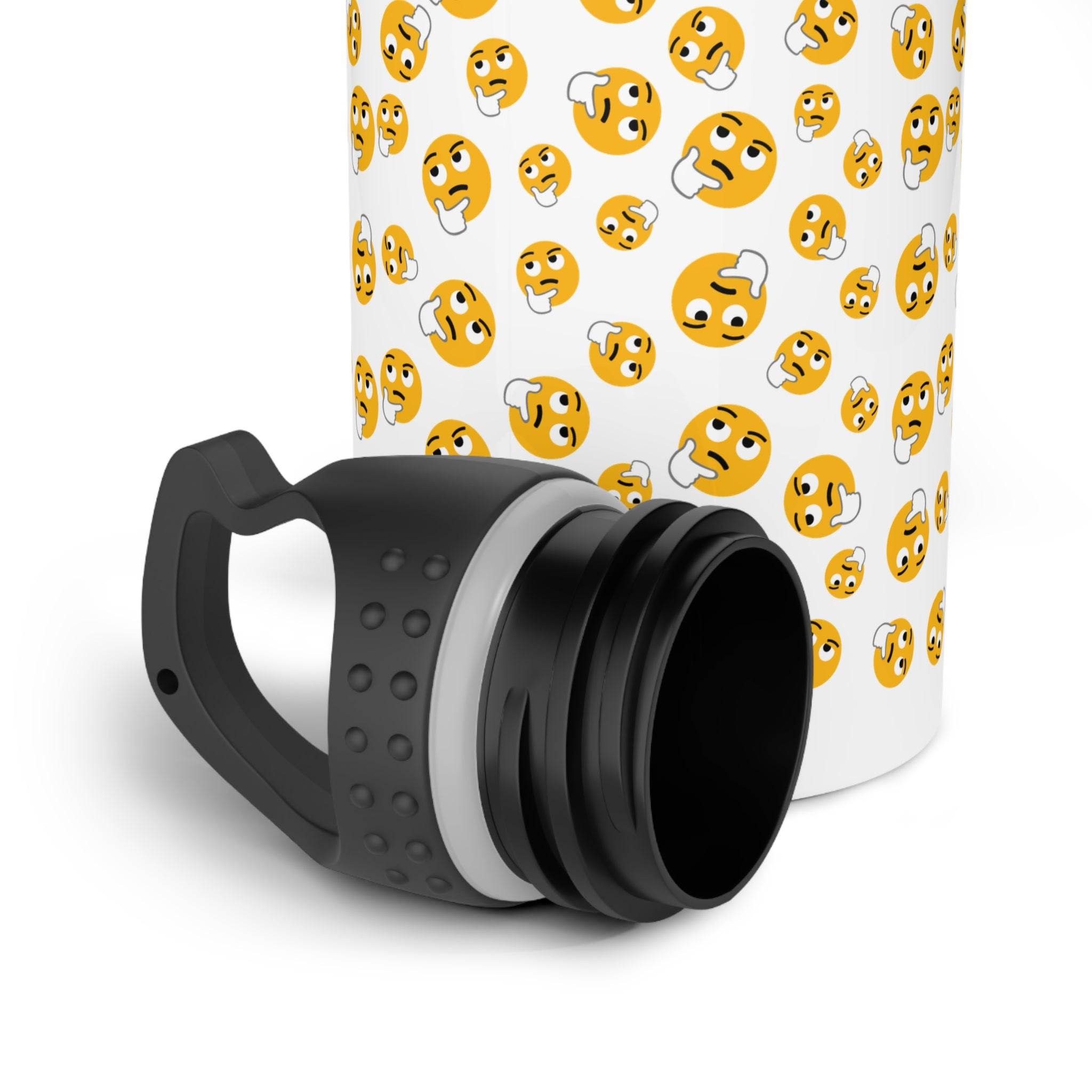 Printify mug with black screw-on lid featuring textured grip and emoji pattern design
