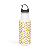 White eco-friendly stainless steel water bottle with yellow emoji pattern and black lid