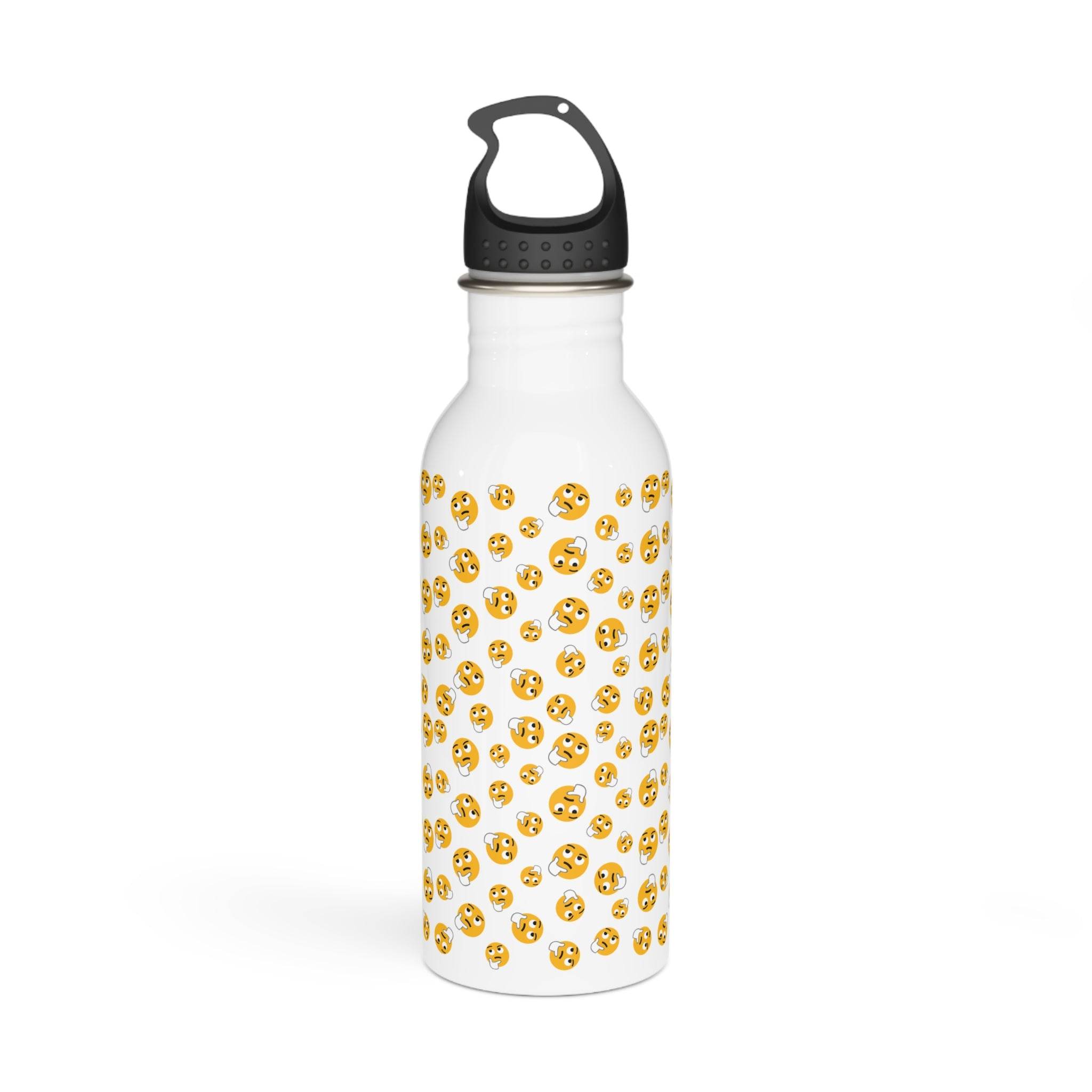 White eco-friendly stainless steel water bottle with yellow emoji pattern and black lid