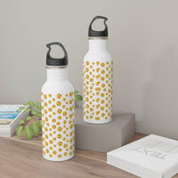 Printify eco-friendly stainless steel water bottle with smiley face pattern and black cap on wooden surface