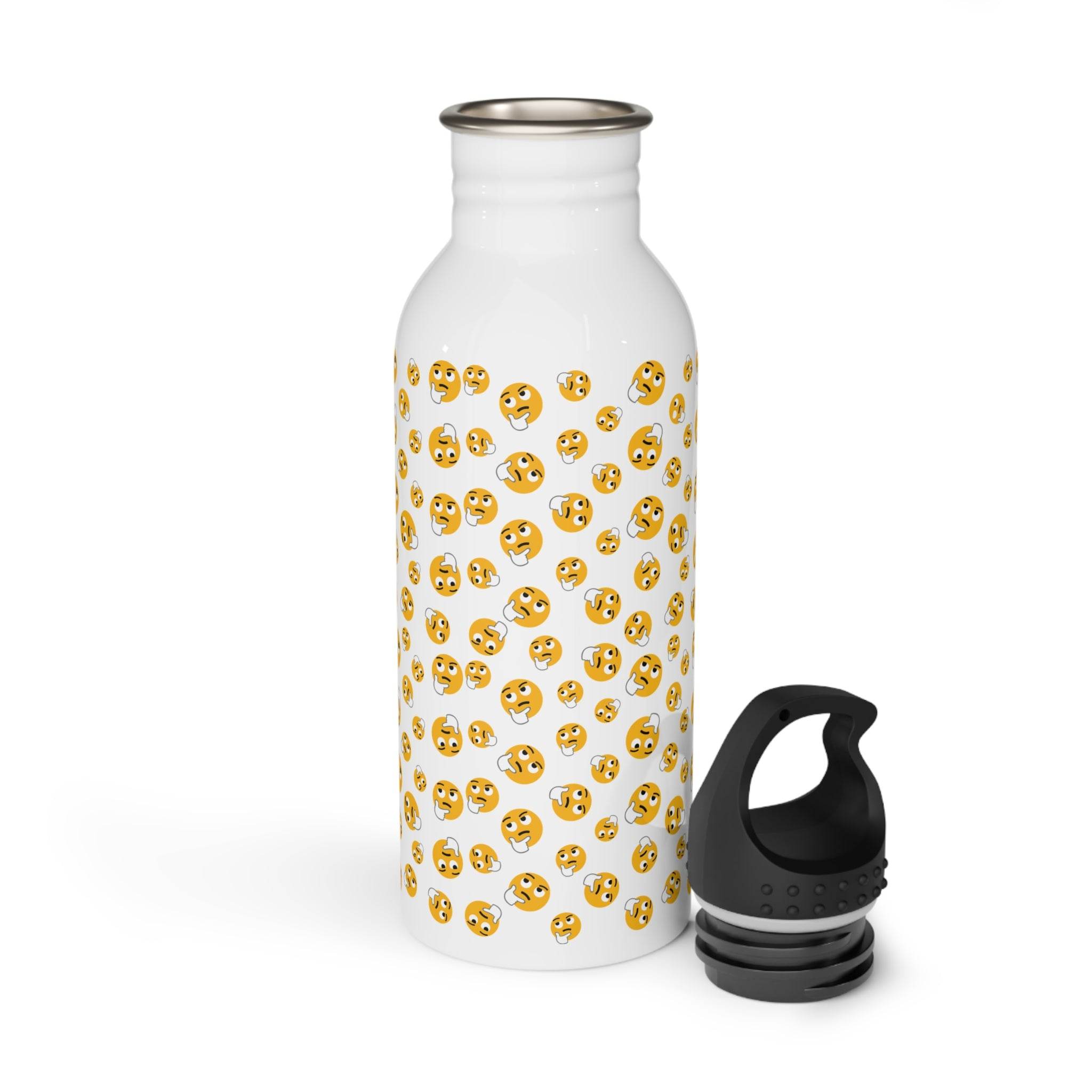 Printify eco-friendly stainless steel water bottle with yellow emoji pattern and black detachable cap