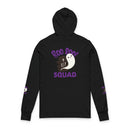 Printify black long sleeve hooded tee with Boo Boo Squad ghost and RIP tombstone graphic on back eco-friendly unisex hooded tee