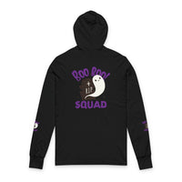 Printify black long sleeve hooded tee with Boo Boo Squad ghost and RIP tombstone graphic on back eco-friendly unisex hooded tee