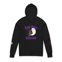 Black hoodie with ghost and tombstone Boo Boo Squad graphic printed on chest and sleeves eco-friendly unisex hooded tee