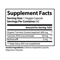Supplement facts label for turmeric supplement with BioPerine showing organic turmeric and capsule details