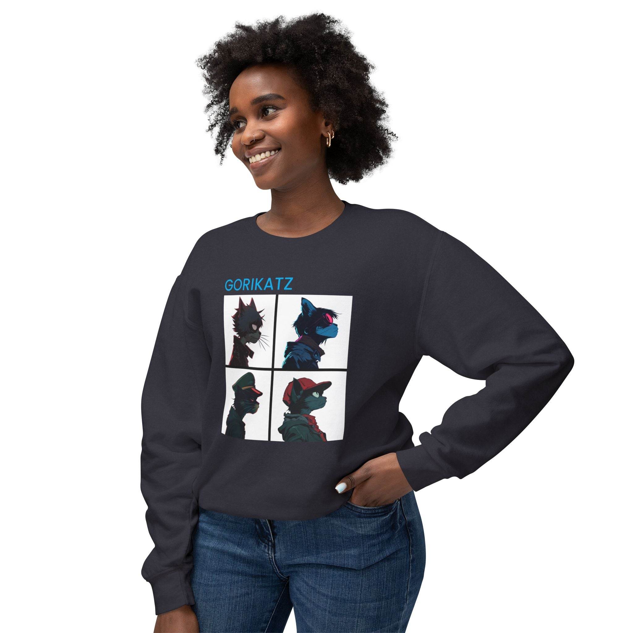 Printify unisex eco-friendly sweatshirt with graphic design worn by smiling woman