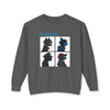 Printify unisex eco-friendly sweatshirt in dark gray featuring graphic designs of four stylized cat heads