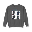 Printify unisex eco-friendly sweatshirt in dark gray featuring graphic designs of four stylized cat heads