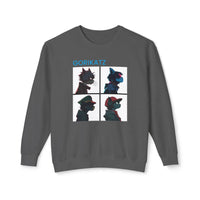 Printify unisex eco-friendly sweatshirt in dark gray featuring graphic designs of four stylized cat heads