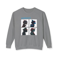 Printify unisex eco-friendly sweatshirt in gray with colorful graphic of four animal profiles