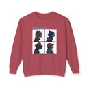 Printify unisex eco-friendly sweatshirt in red with four stylized cat profile illustrations