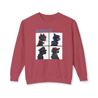 Printify unisex eco-friendly sweatshirt in red with four stylized cat profile illustrations