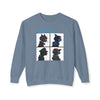 Printify unisex eco-friendly sweatshirt in blue with Gorikatz graphic design featuring four cat silhouettes