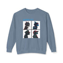 Printify unisex eco-friendly sweatshirt in blue with Gorikatz graphic design featuring four cat silhouettes
