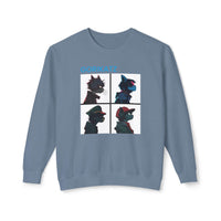 Printify unisex eco-friendly sweatshirt in blue with Gorikatz graphic design featuring four cat silhouettes