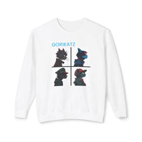 Printify unisex eco-friendly sweatshirt with graphic GORIKATZ cat designs in four quadrants on white fabric