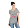 Woman wearing gray V neck eco-friendly bride t-shirt with pink Bride era script print casual wedding tee