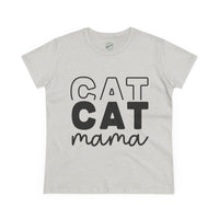 Printify light heather gray eco-friendly cat mom shirt with bold black CAT CAT mama print crewneck tee