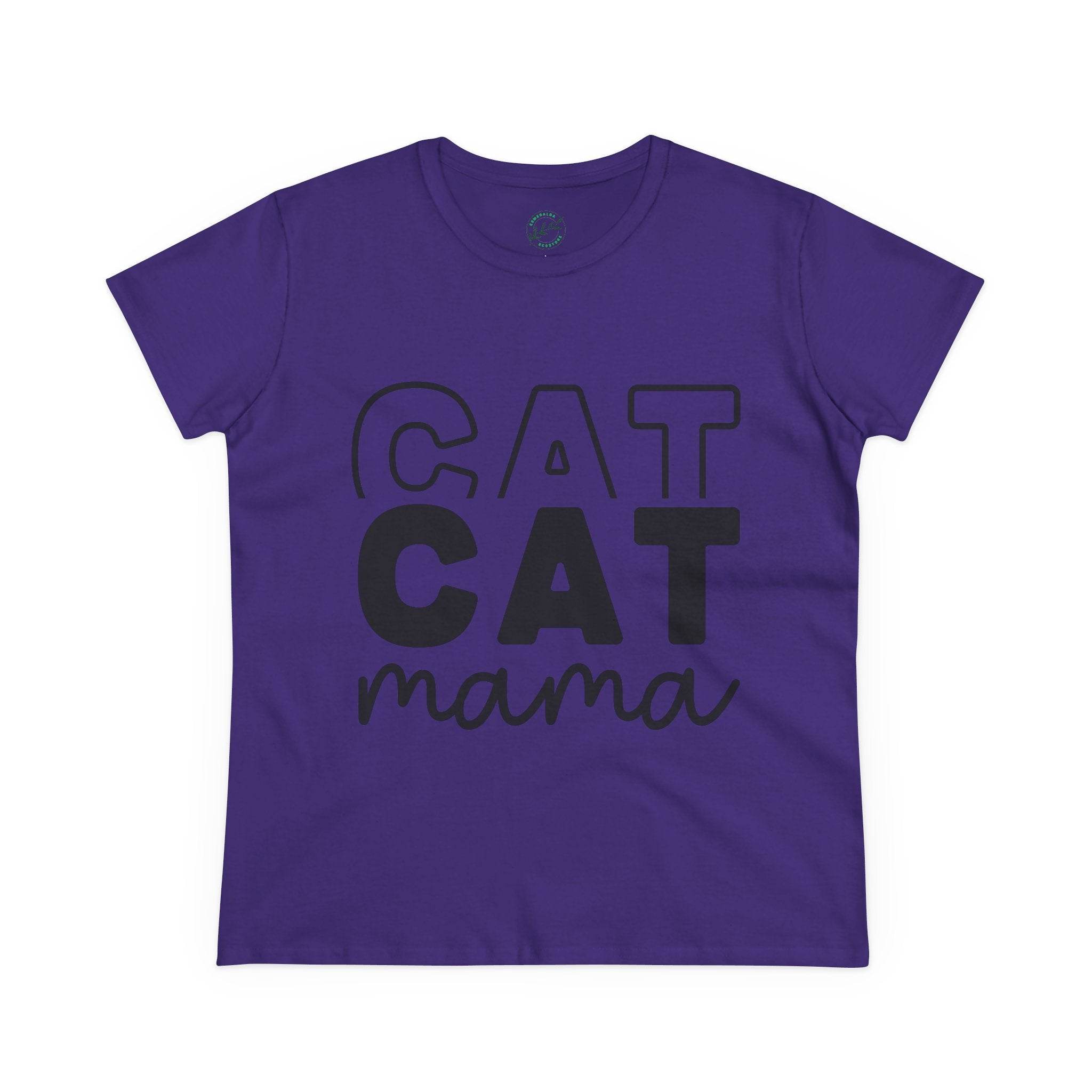 Printify purple womens T shirt with black CAT CAT mama graphic eco-friendly cat mom shirt made of soft cotton blend