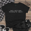 Printify eco-friendly girl boss shirt black tee with white text just a girl boss building her empire flat lay