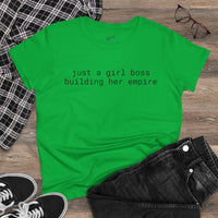 eco-friendly girl boss shirt green tee with text just a girl boss building her empire styled with jeans and sneakers