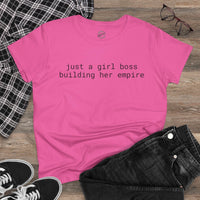 Printify pink crewneck tee reading just a girl boss building her empire flatlay eco-friendly girl boss shirt