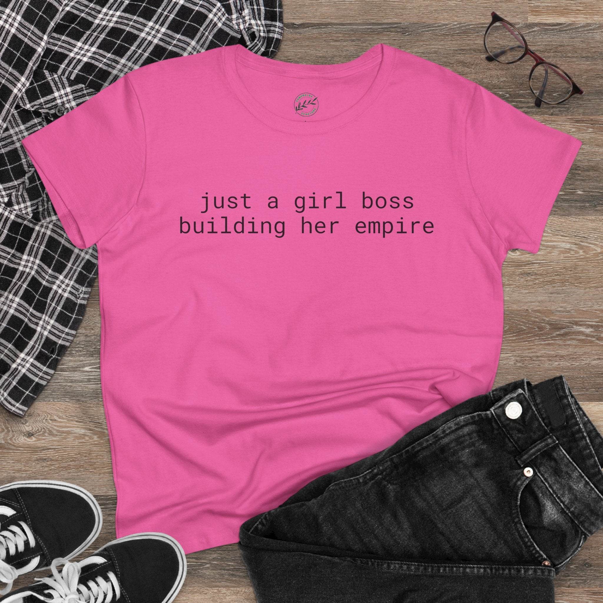Printify pink crewneck tee reading just a girl boss building her empire flatlay eco-friendly girl boss shirt