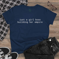 Printify eco-friendly girl boss shirt navy tee with white just a girl boss building her empire flat lay