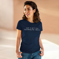 Printify model wearing eco-friendly girl boss shirt navy tee reading just a girl boss building her empire