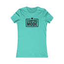 Printify aqua fitted t-shirt with black Camping Mode graphic and heart icon eco-friendly camping t-shirt for women