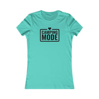 Printify aqua fitted t-shirt with black Camping Mode graphic and heart icon eco-friendly camping t-shirt for women