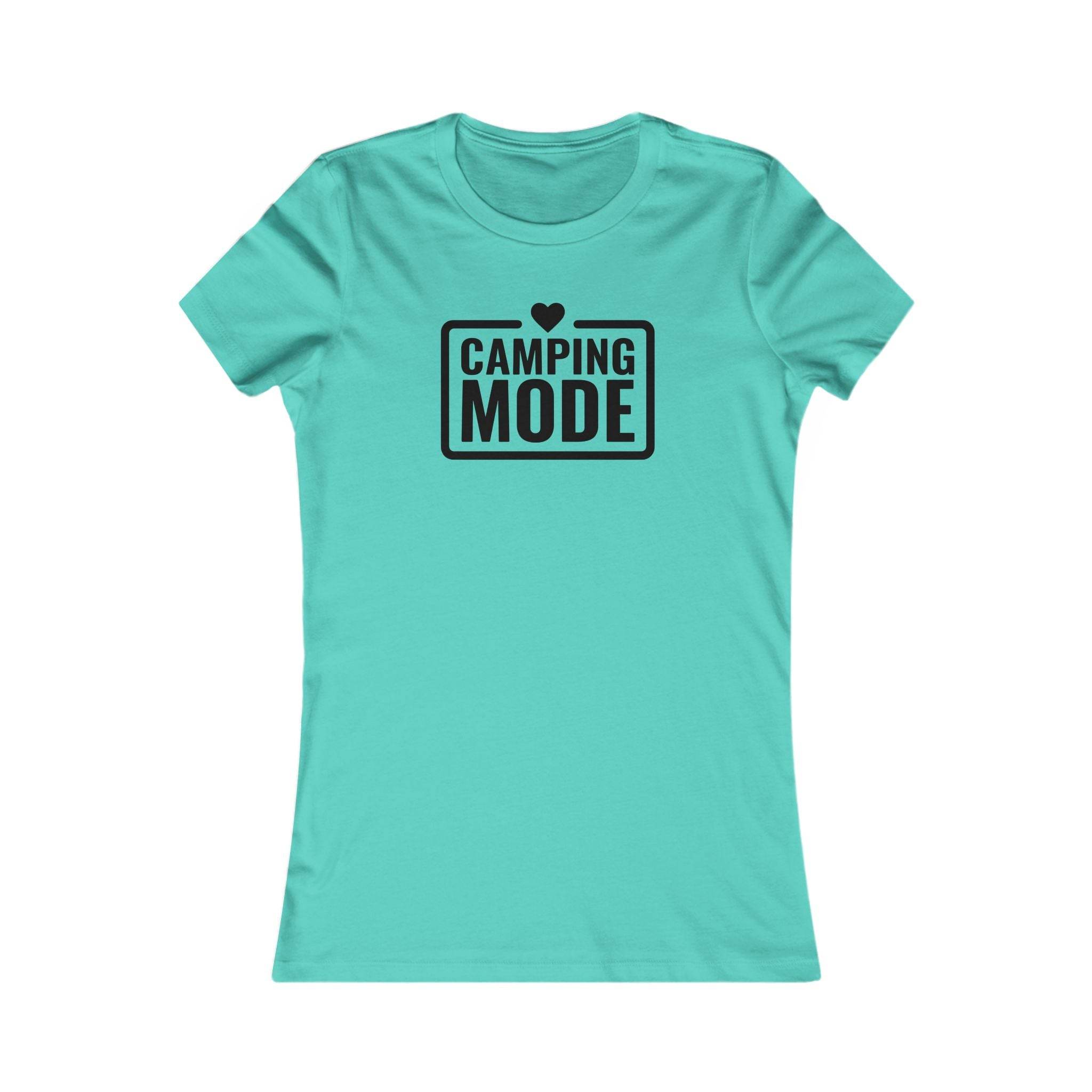 Printify aqua fitted t-shirt with black Camping Mode graphic and heart icon eco-friendly camping t-shirt for women