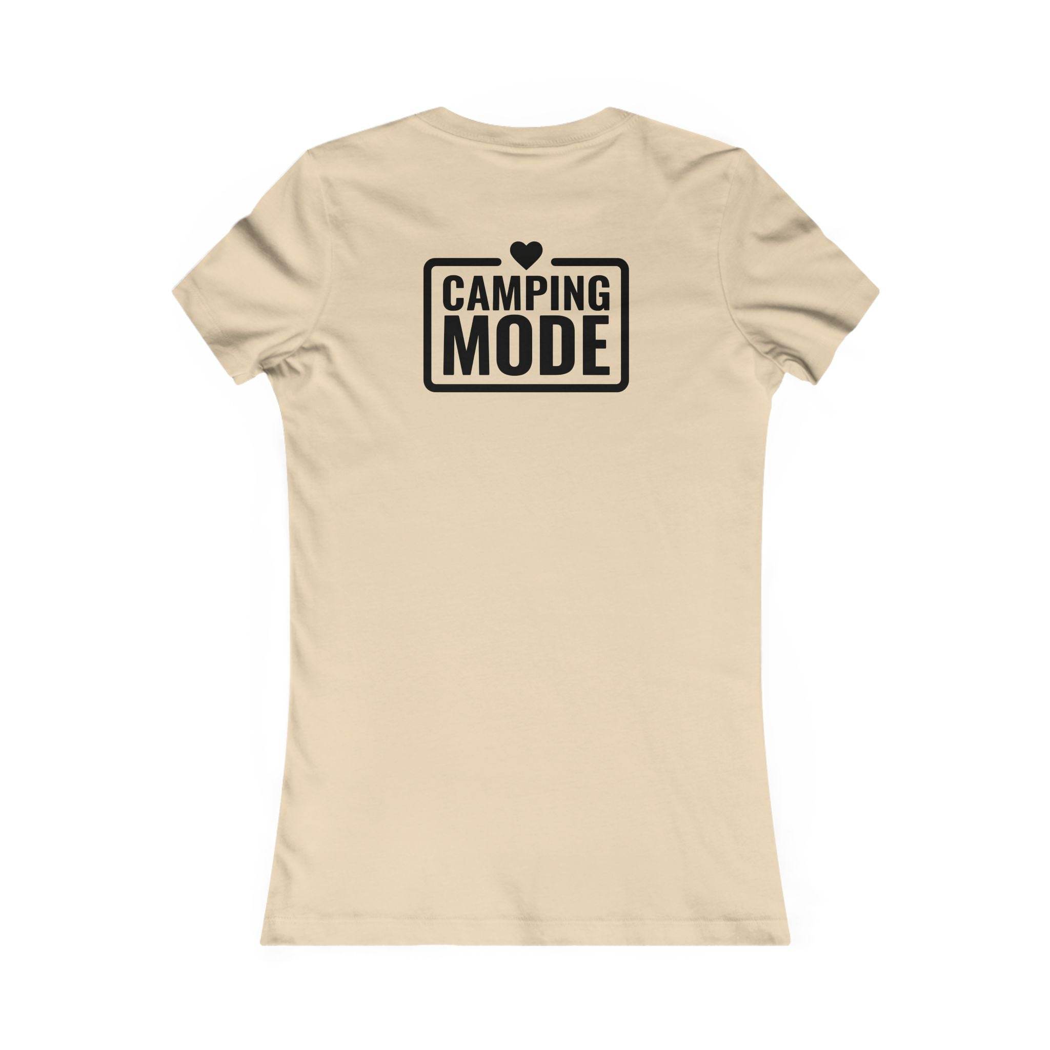 Printify beige fitted back view tee with black Camping Mode heart graphic eco-friendly camping t-shirt for women